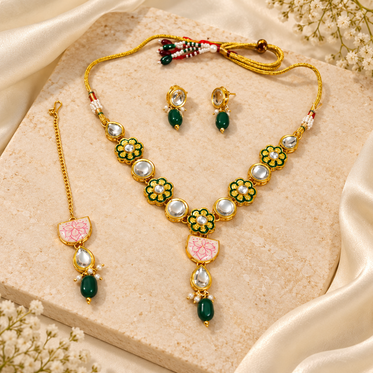 Gulbagh Necklace, Earrings & Maang Tikka Set — Product photo
