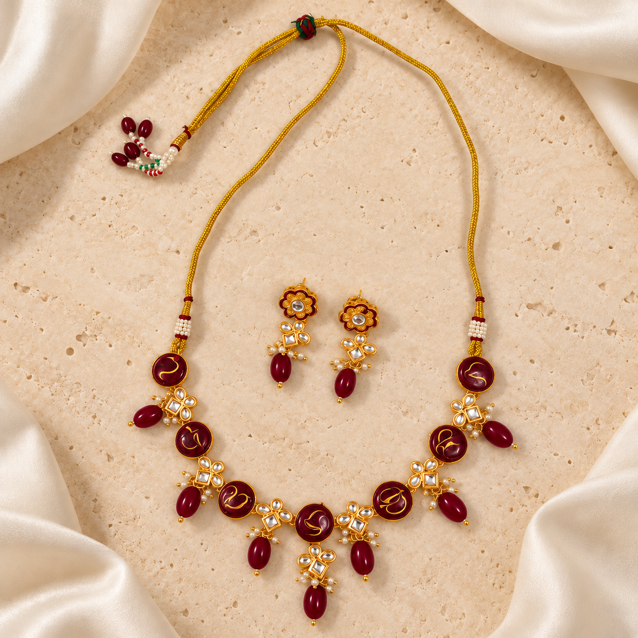 Maroon Medallion Necklace & Earrings Set — Product photo